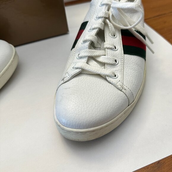 GUCCI- VINTAGE WHITE LEATHER SNEAKER-RED/GREEN STRIPES & GREEN LEATHER SIZE 38.5 - Picture 12 of 14